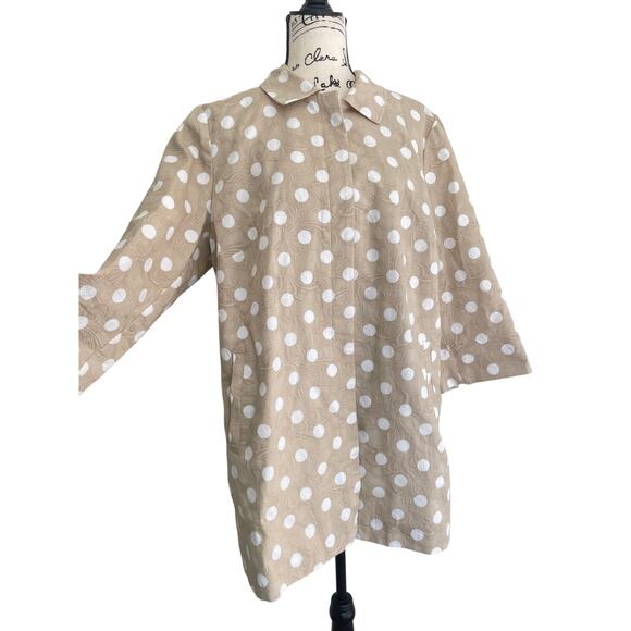 CHICO’S POLKA DOT JACKET TAN/WHITE PLEAT BACK 3/4 SLEEVES 
SZ 16 SOPHISTICATED - Picture 9 of 16